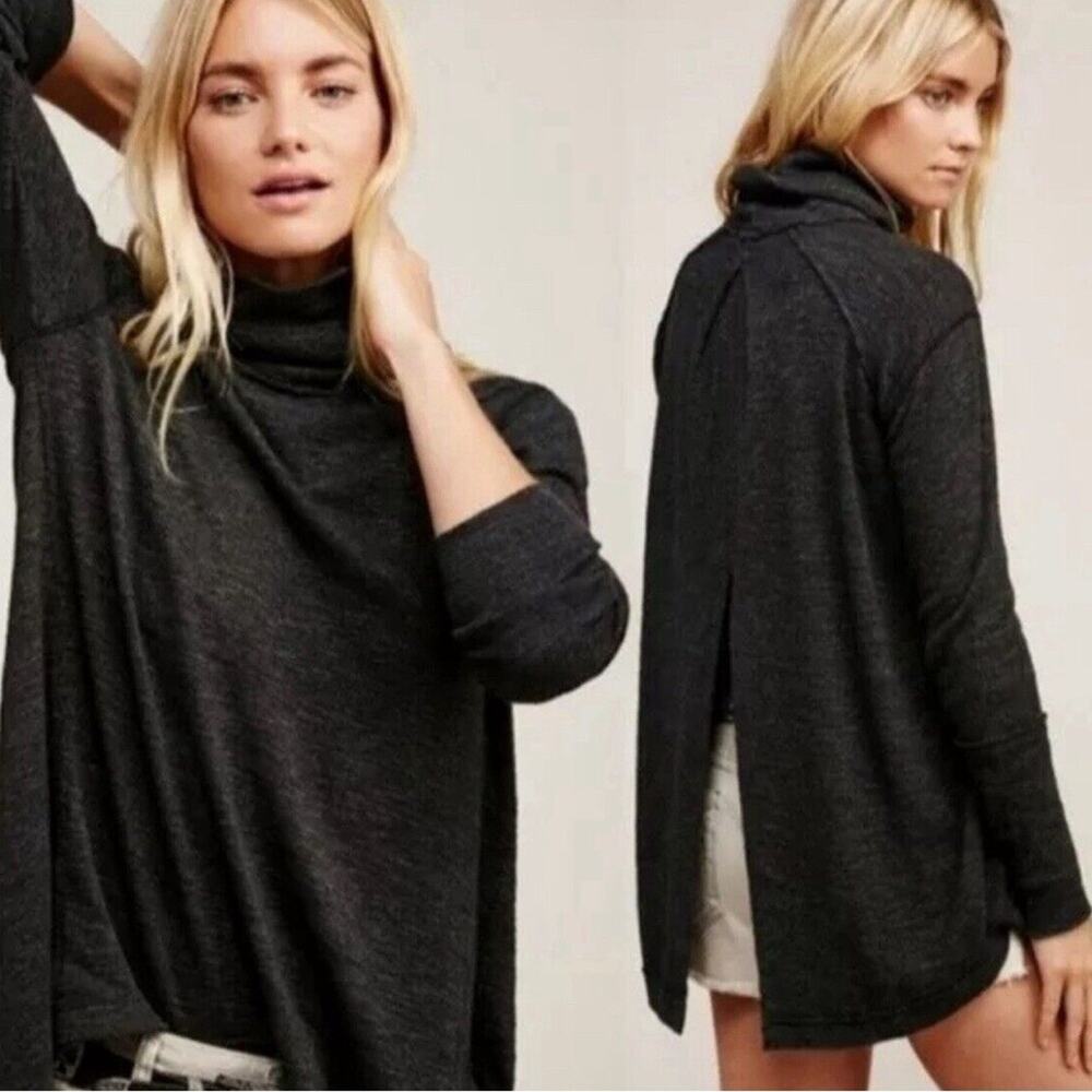Free People Split Back Charcoal Gray Turtleneck Knit Sweater Size XS